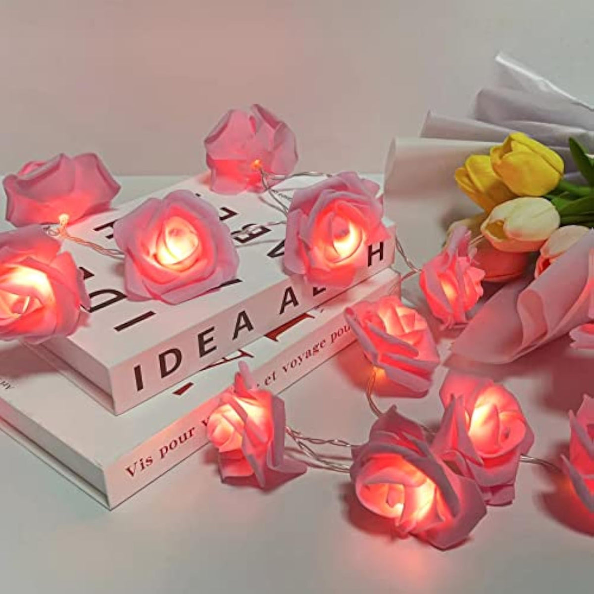 Rose Flower String Lights,2M 20Led Battery Operated Romantic String Lights Bright Warm Flower Rose Lamp Fairy Light For