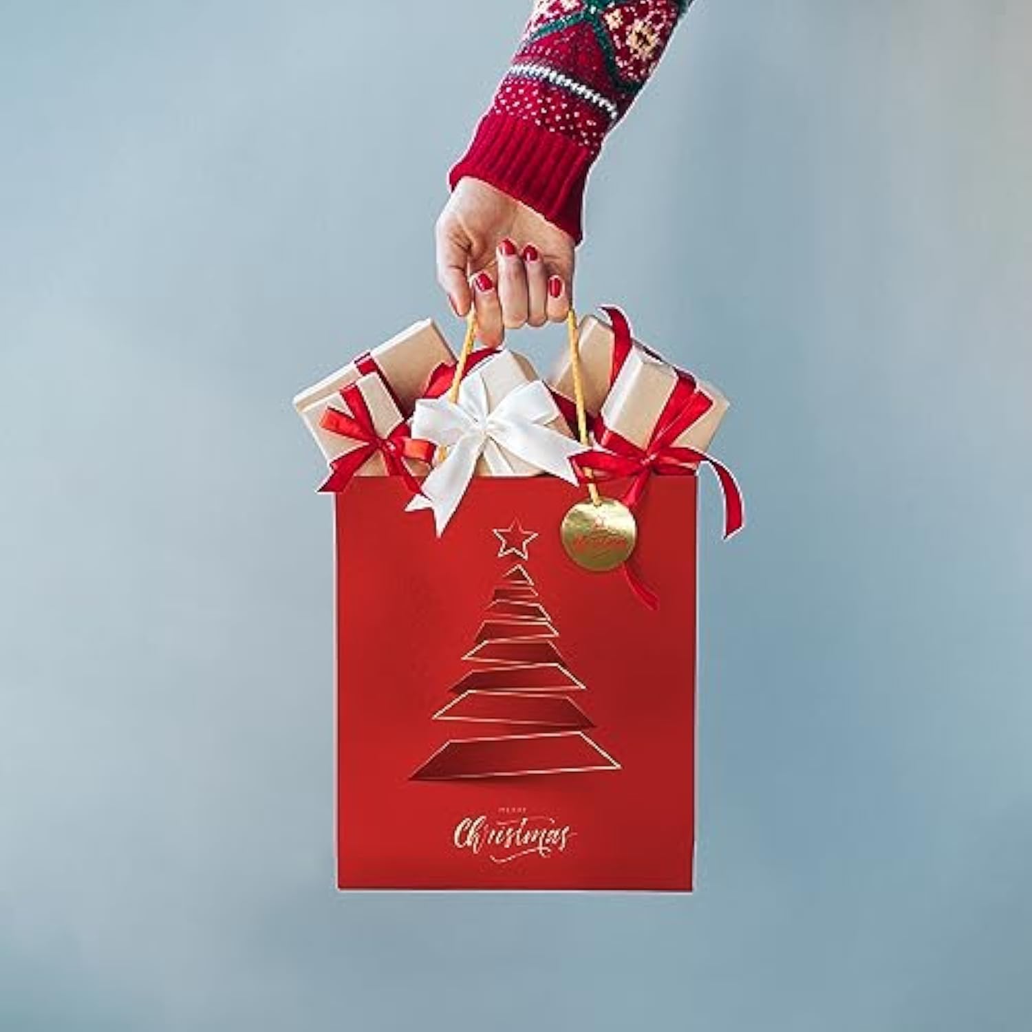 12 Christmas Gift Bags, Red & Green Metallic & Texture Finish With Golden & Spot Gloss Xmas Tree, Assorted Sizes With Handle (4 Extra Large 16", 4 Large 12", 4 Medium 9")
