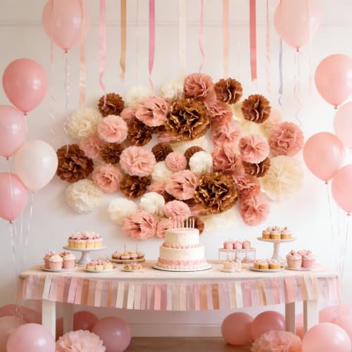 18 Packs Birthday Party Decorations Set- Blush Pink Tissue Paper Pom Poms Flower Wall Decorations for Women Girls Happy Birthday , Baby Shower, Bridal Shower, Wedding , Party Decoration (Blush Pink)