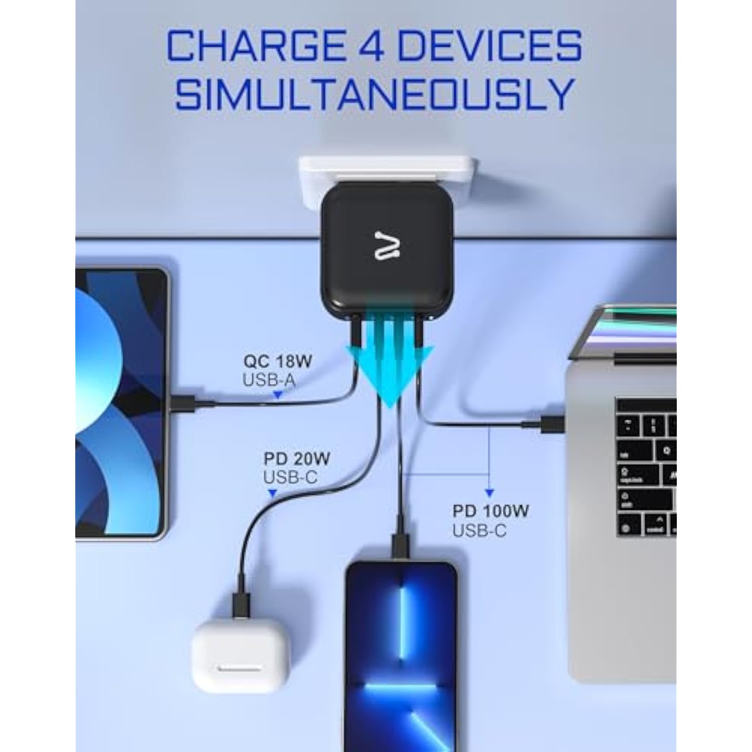 100W Gan Wall Charger, 4-Ports Pd 100W Max Fast Usb C Charging Adapter, Foldable Compact Charger Block Compatible With Macbook Pro Air, Ipad Pro, Iphone 14,Galaxy S9 And More