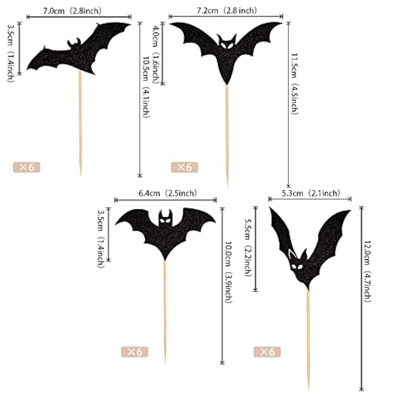 24 Pcs Black Glitter Bat Cupcake Toppers - Halloween Cupcake Picks For Baby Shower, Kids Birthday Party Cake Decorations