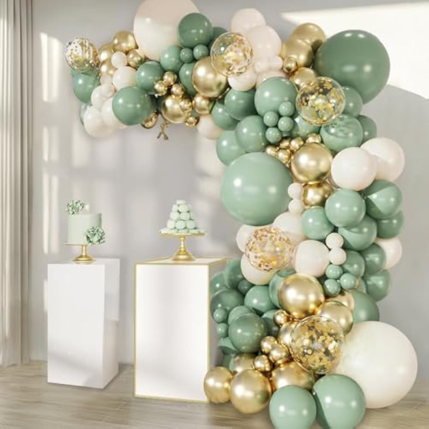 Sage Green Balloon Arch Kit: Gold & White Confetti - Party Decor
