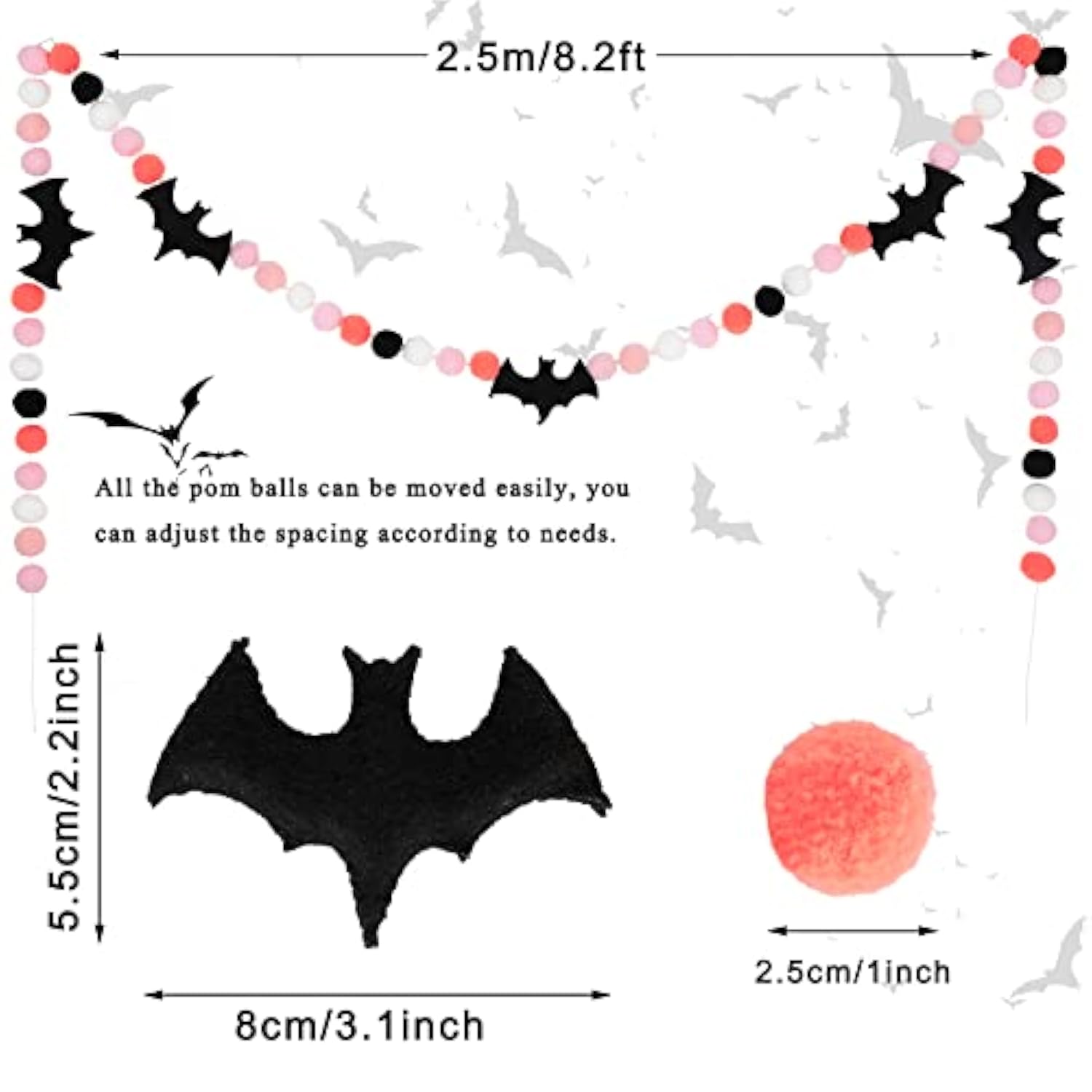 Halloween Felt Bat Banner: Pink Pom Pom Garland, 8.2 Ft Party Decor