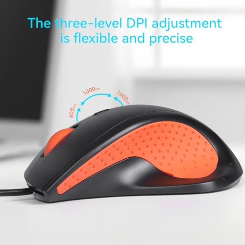 Wired Office Mouse, Ergonomic Design, Anti-Slip Silicone Grip, 600/1000/1600 Dpi Adjustable, 5Ft Cable, Compatible With Multiple Systems, For Office, School, Home (Black)