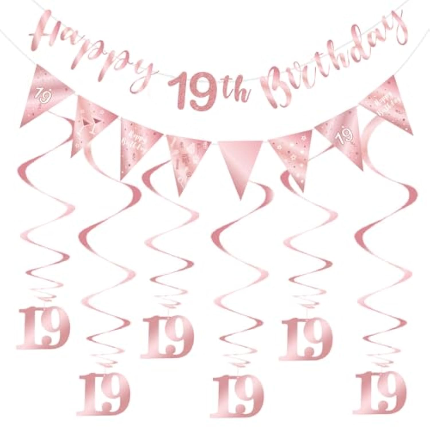 19Th Birthday Decoration Kit, Happy 19Th Birthday Banner Bunting Swirls Streamers, Triangle Flag Banner For Birthday Party Decorations Supplies Rose Gold 19Th