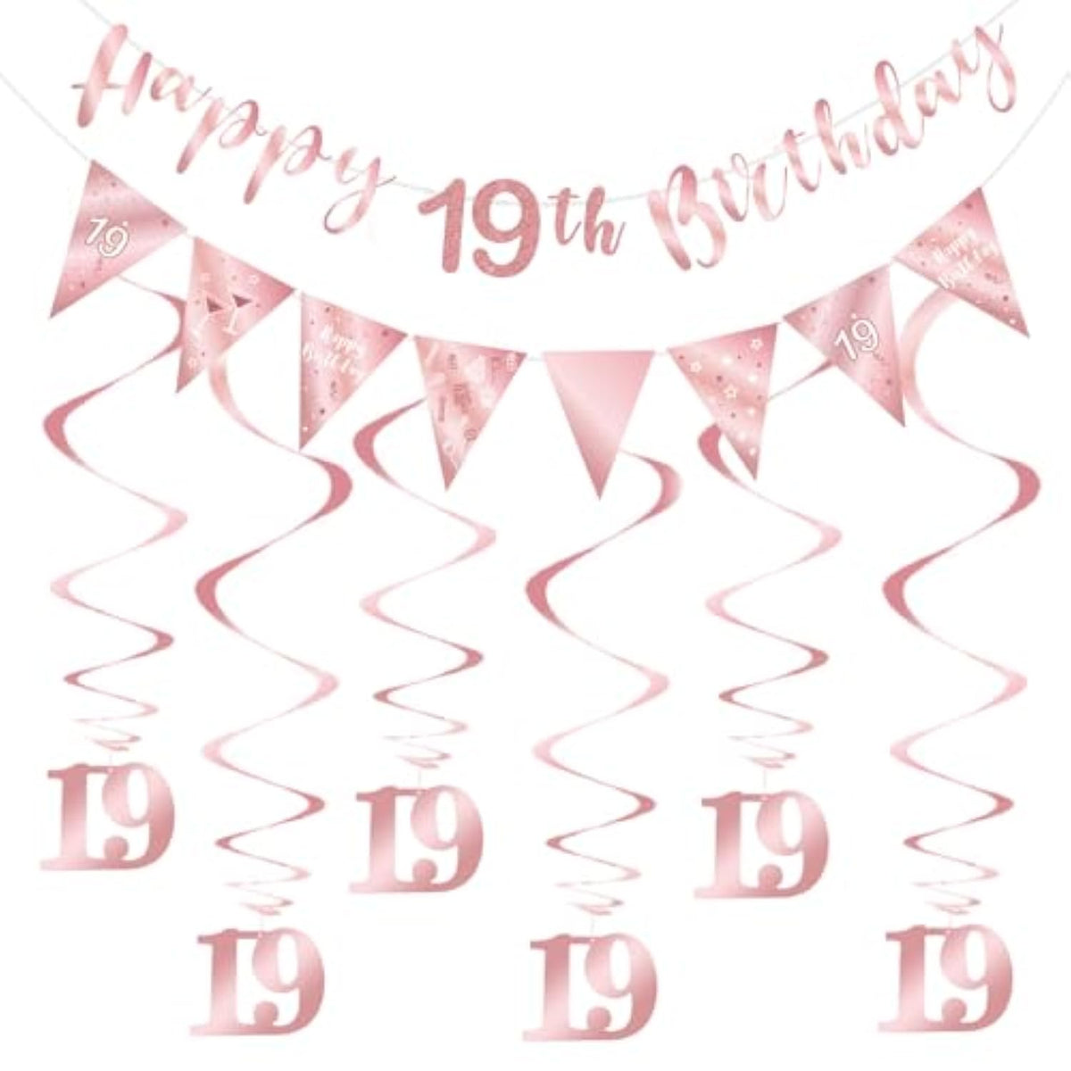 19Th Birthday Decoration Kit, Happy 19Th Birthday Banner Bunting Swirls Streamers, Triangle Flag Banner For Birthday Party Decorations Supplies Rose Gold 19Th