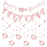19Th Birthday Decoration Kit, Happy 19Th Birthday Banner Bunting Swirls Streamers, Triangle Flag Banner For Birthday Party Decorations Supplies Rose Gold 19Th