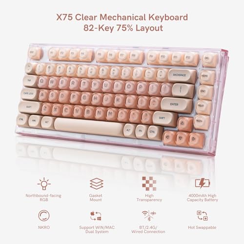 Womier X75 75% Wireless Mechanical Keyboard, Hot Swappable Computer Creamy Keyboard, Foundation Jelly Keycaps, Pre-Lubed Switches Gasket Mount Rgb Backlit Gaming Keyboards For Win/Mac, Pink