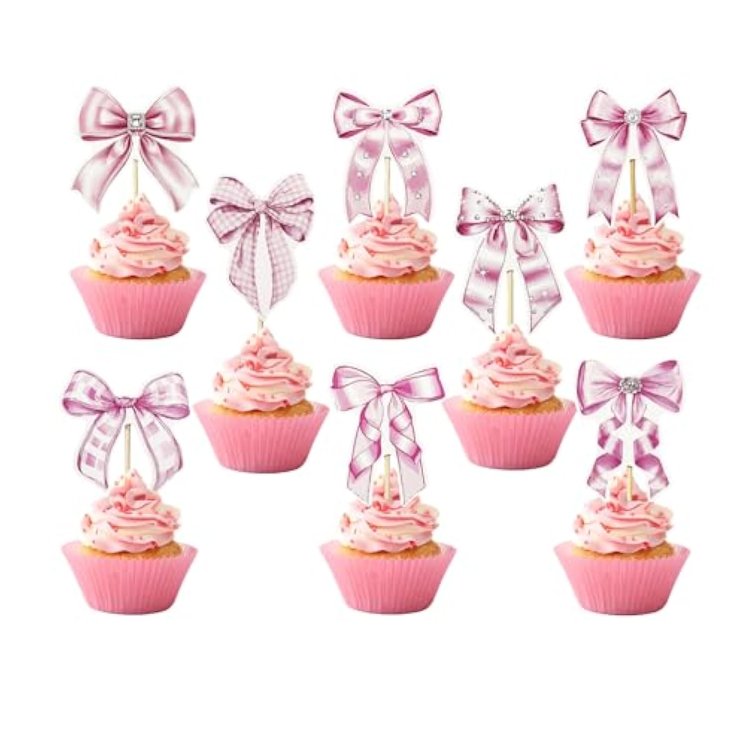 32Pcs Pink Bow Cupcake Toppers Girls Pink Bow Cupcake Picks Cake Decorations For Baby Shower Wedding Birthday Party Supplies
