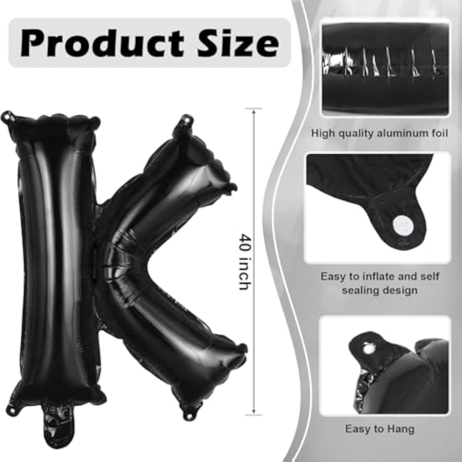 Black Letter K Balloons, 40 Inch Large Foil Letter Balloons, Custom Phrase Balloon For Birthday Party Wedding Anniversary Decoration (Black K)