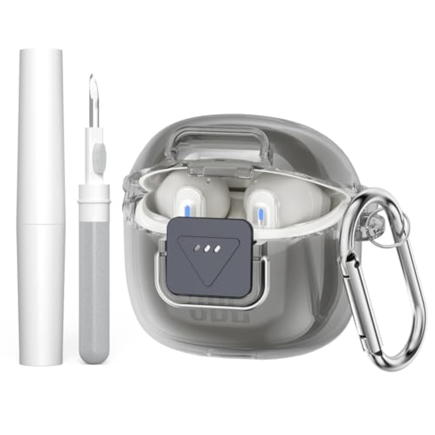 Double Security Lock Protective Case Cover for JBL Tune Flex 2 Charging Case with Carabiner and Cleaning Pen Kit, Anti-Scratch Shockproof Clear TPU Compatible with JBL Tune Flex 2 Charging Case (Clear Grey)