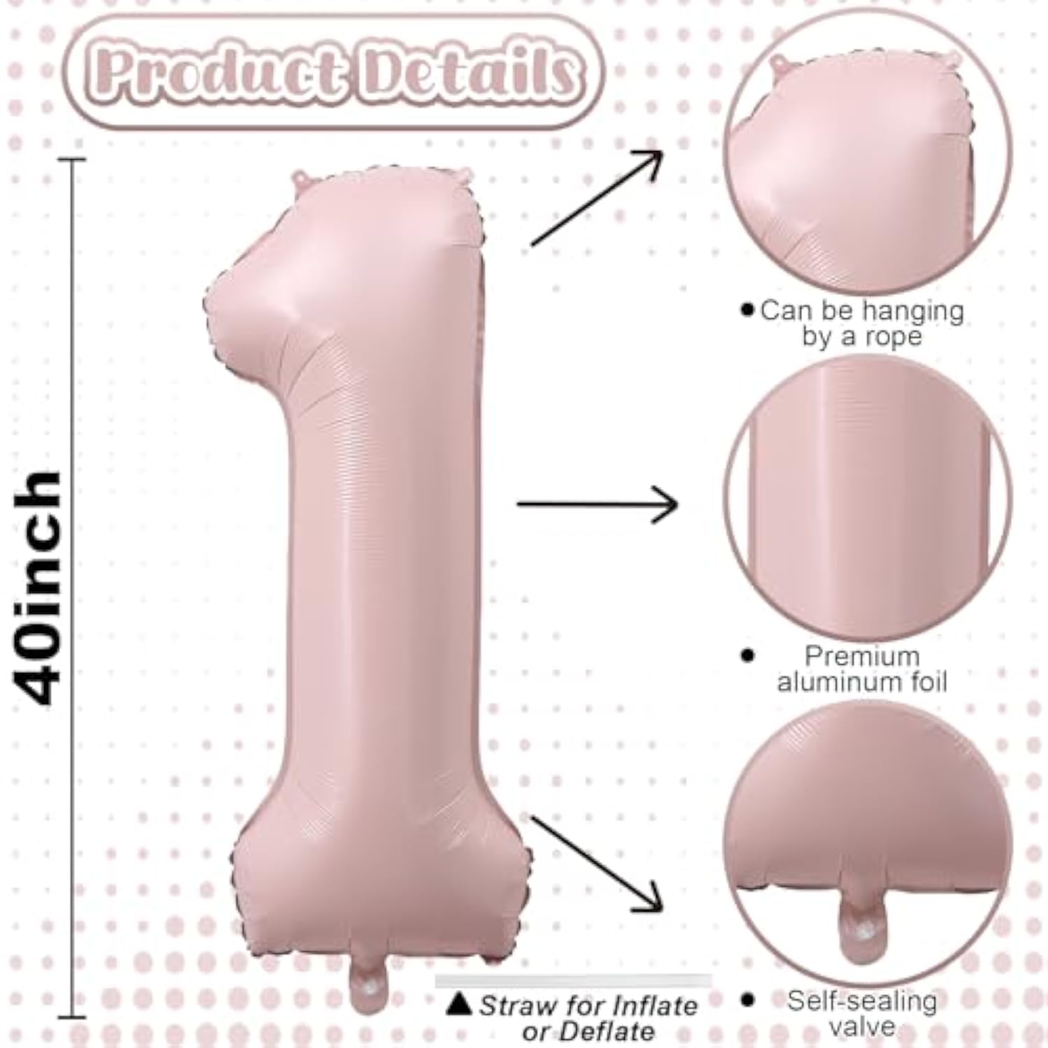 Pink 1 Balloons, 40 Inch Dusty Retro Light Pink Helium Foil Number 1 Balloon Girls, Self Inflating 1St Birthday Balloon One For Boho Anniversary Baby Shower Coquette First Birthday Party Decorations