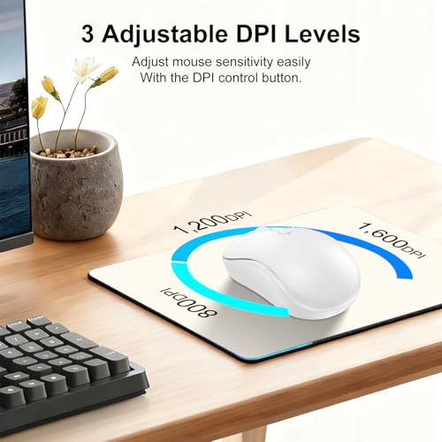 Wireless Mouse For Laptop, 2.4Ghz Computer Mouse For Work, 12-Month Battery Life, 3 Adjustable Dpi 800/ 1200/ 1600, Office Cordless Usb Mice With Usb A Receiver For Pc, Laptop, Desktop, Mac -White