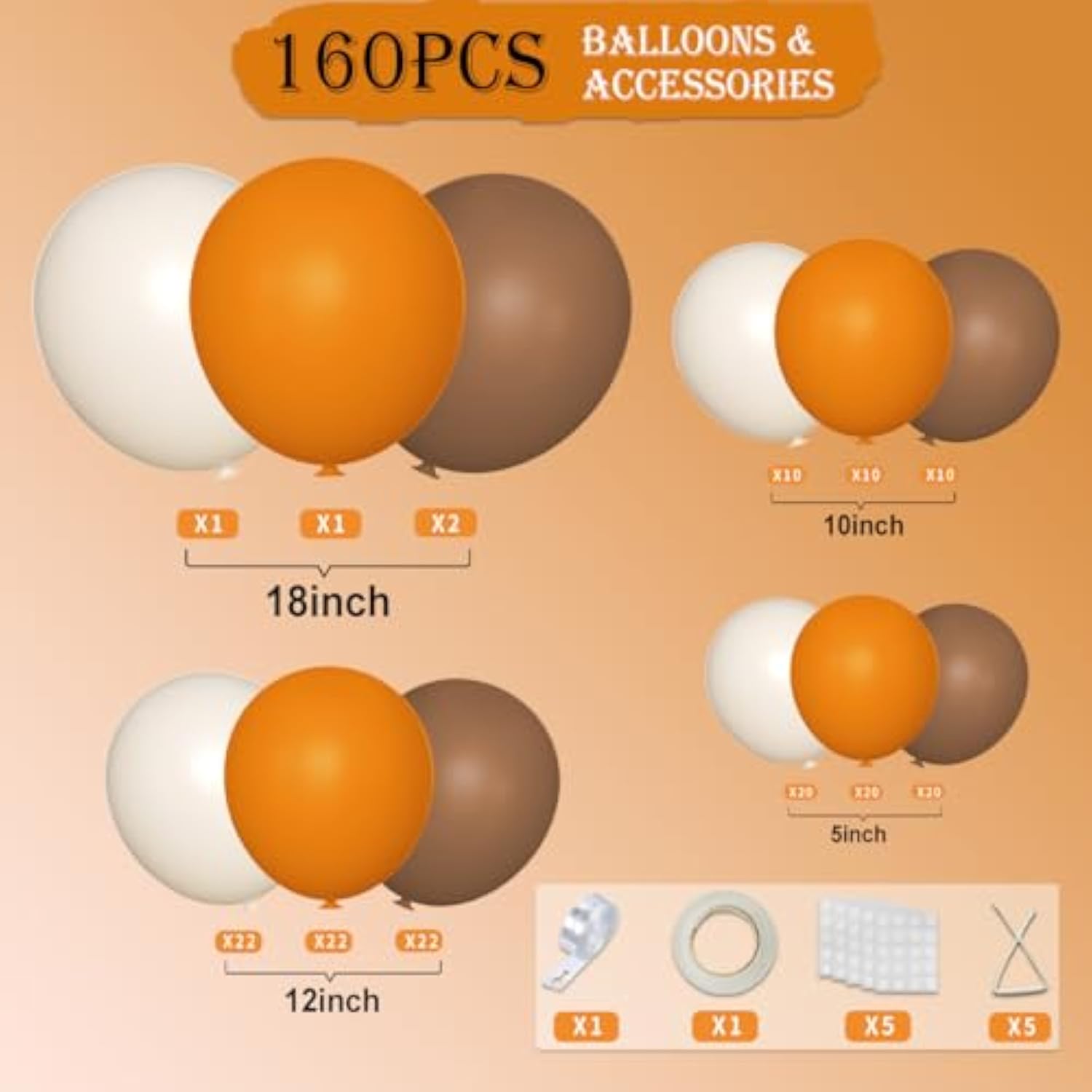 160 Pcs Orange White Brown Balloon Garland Arch Kit Boho Party Birthday Wedding Decor
