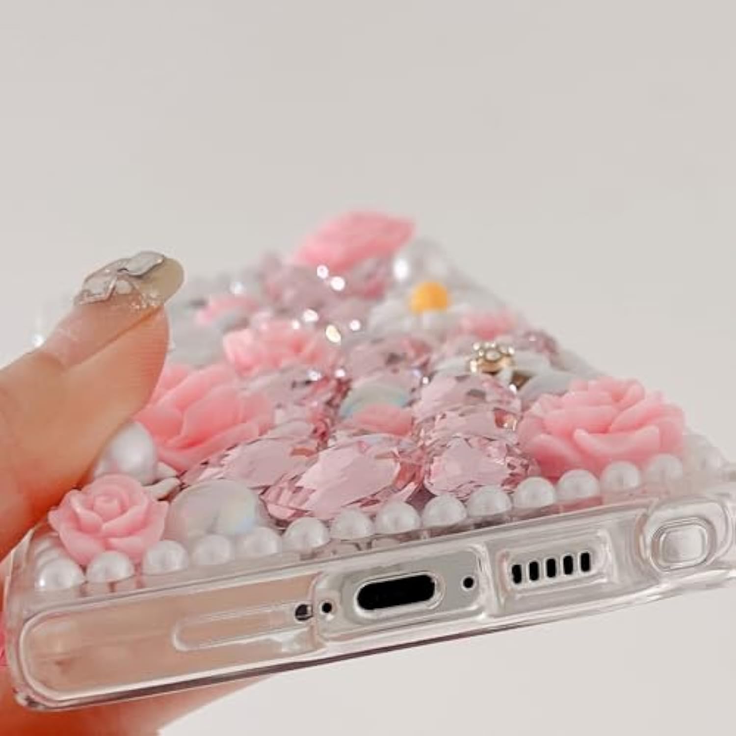 For Samsung Galaxy A15 5G Glitter Bling Case,Cute Luxury 3D Sparkle Crystal Rhinestone Flowers Diamond Pearl With Lanyard Wrist Strap Women Girls Phone Case For Galaxy A15 5G 6.5 Inch (Pink)