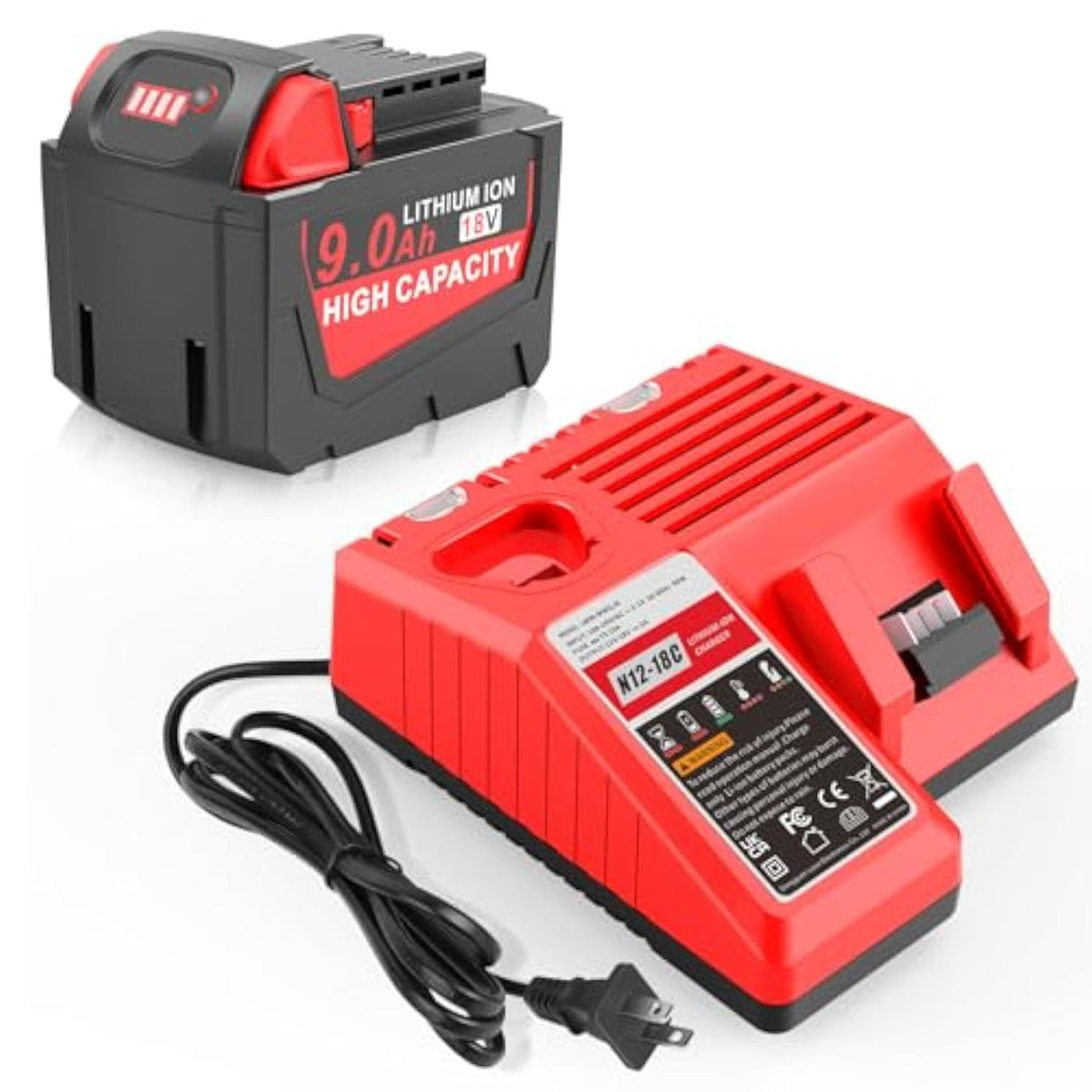 9.0Ah M18 Battery Replacement For Milwaukee With Multil Volatage Rapid Battery Charger For M12-M18 Power Tool Battery & Charger 48-11-1840 48-11-1828 48-11-1820 48-11-1815 48-11-1850 48-11-1860