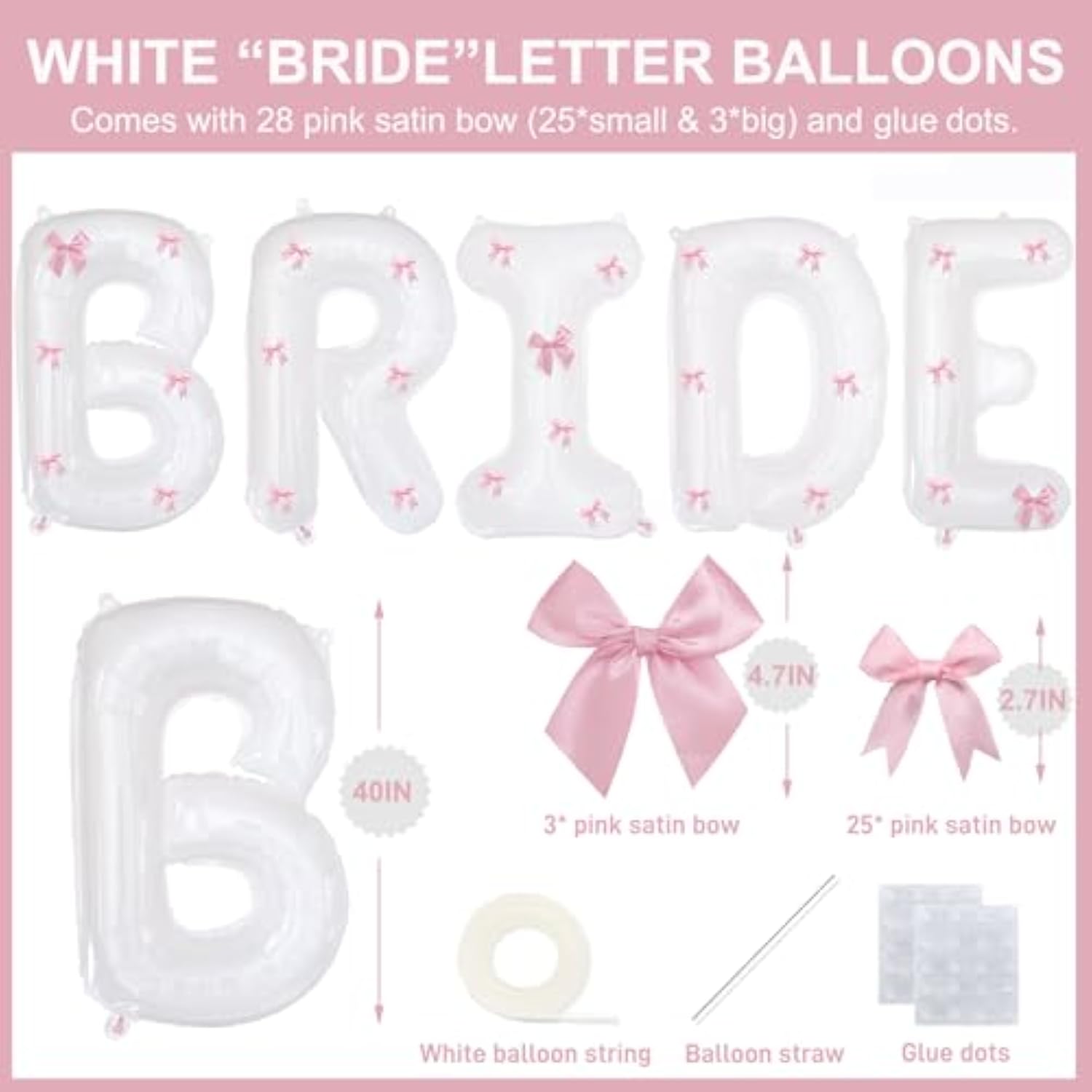 40" Pink Bride Balloon with Ribbon Bows – Bridal Shower & Bachelorette Party Decor