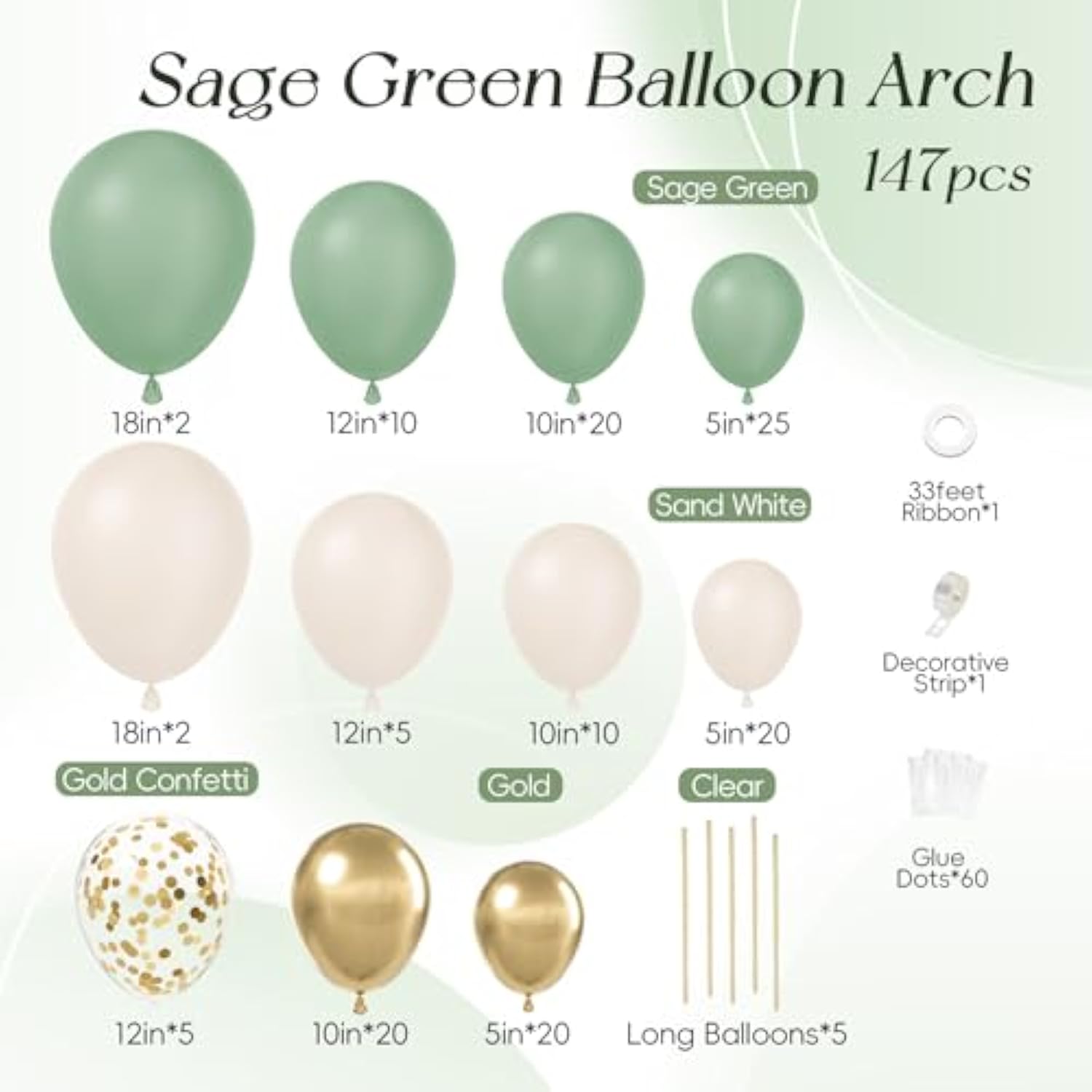 147Pcs Sage Green Balloon Arch Kit, Sage Green Gold Sand White Balloons For Wedding Engagement Anniversary Bridal Shower Baby Shower Birthday Party Decorations
