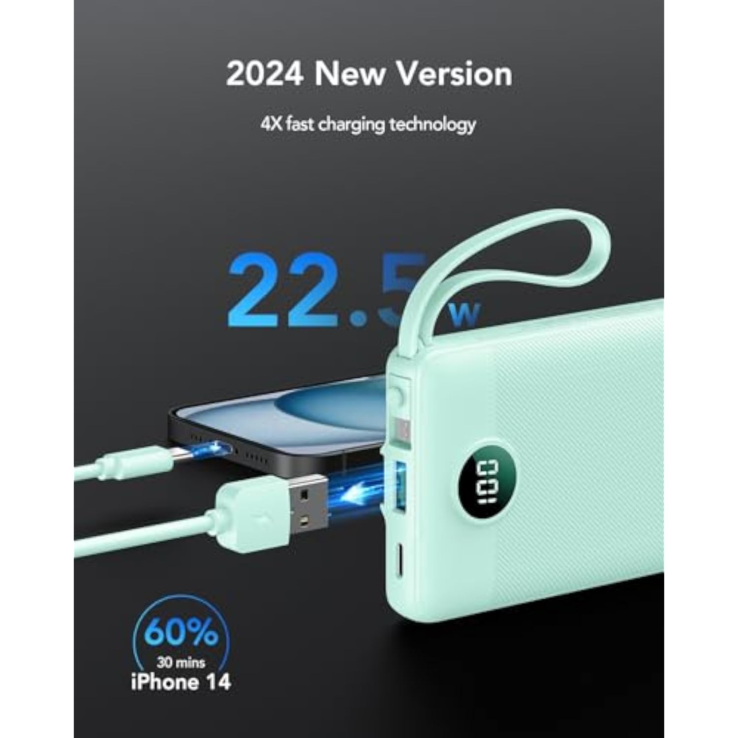 Portable Charger, 22.5W Fast Charging Power Bank Usb C, [2024 Upgrade] 4 Output 3 Input Travel Charging Bank 10000Mah, Built-In Cable Led Display For Iphone 15 14 13, Samsung, Android-Green