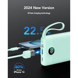 Portable Charger, 22.5W Fast Charging Power Bank Usb C, [2024 Upgrade] 4 Output 3 Input Travel Charging Bank 10000Mah, Built-In Cable Led Display For Iphone 15 14 13, Samsung, Android-Green