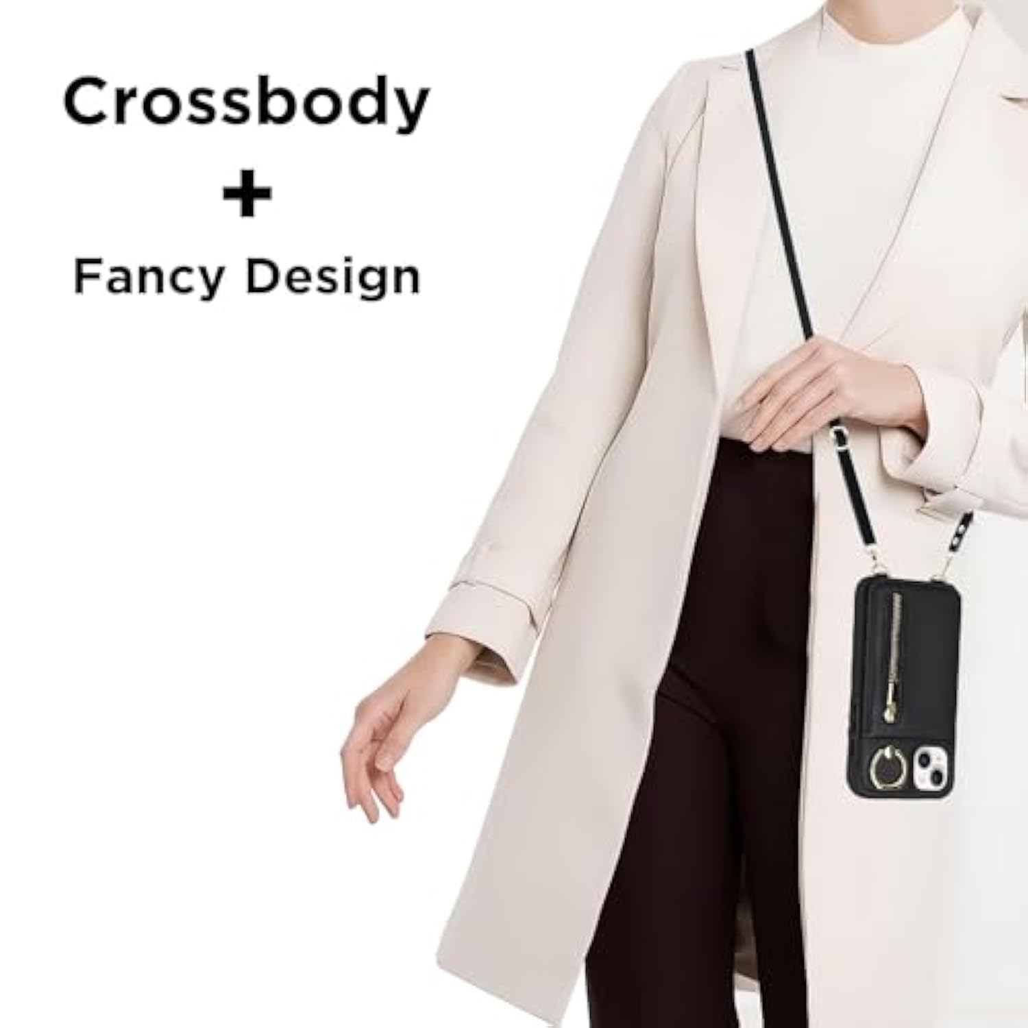 iPhone 13/14/15 Wallet Case with Card Holder Crossbody Strap Black