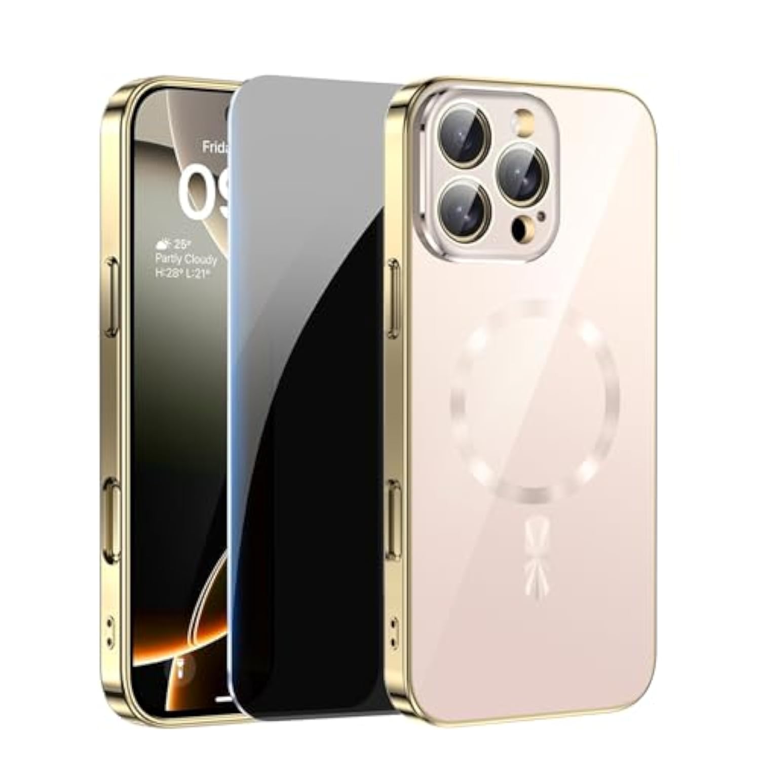 Magnetic Case For Iphone 16 Pro Max Case And Privacy Screen Protector Built In Camera Cover[Non-Yellowing] For Phone Case 16 Promax Metallic Glossy Luxury Girl Women-Titanium Gold