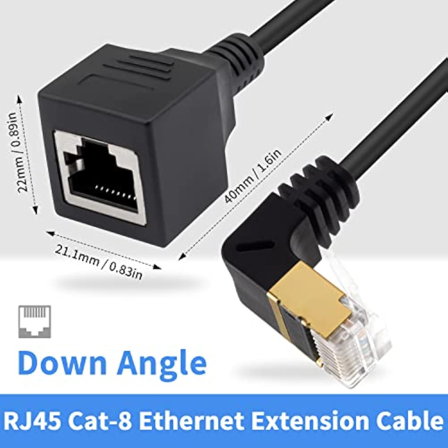 Cat8 Network Extension Cable 40Gbps, 90 Degree Down Angle Rj45 Male To Female
