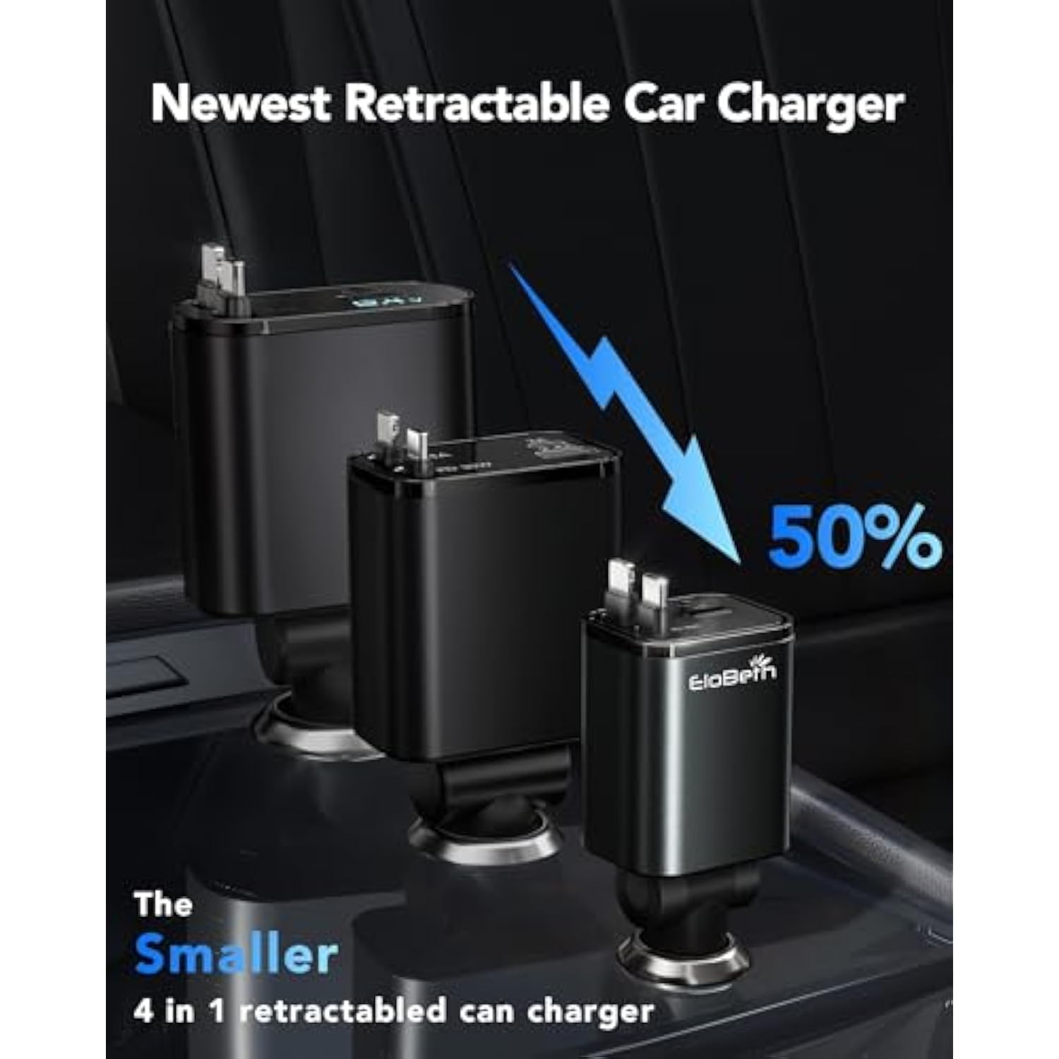 4-in-1 Retractable 66W Car Charger with 2 Cables for iPhone, Galaxy, Pixel