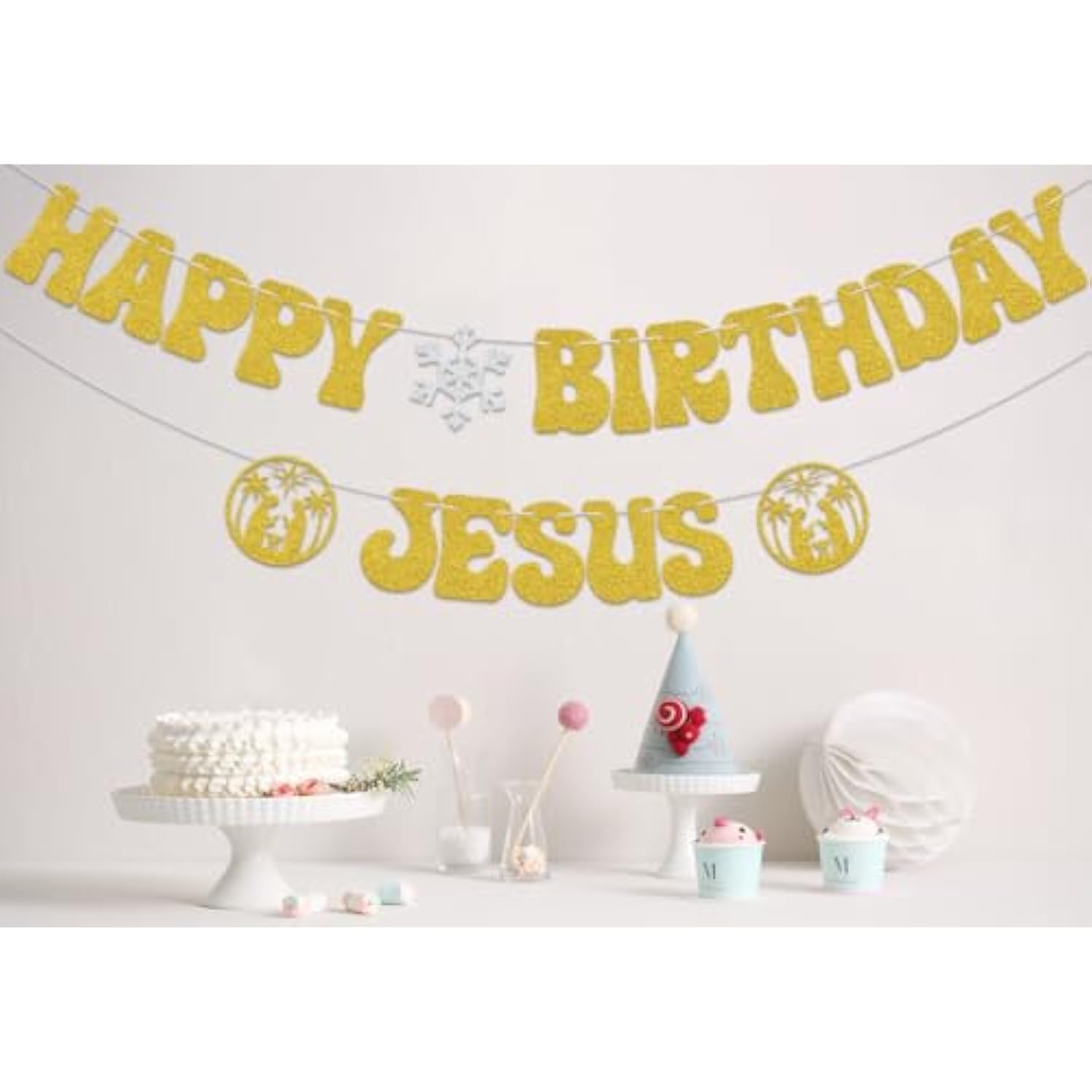 Happy Birthday Jesus Banner,Christmas Jesus Birthday Party Decorations,Merry Birthday Banner,Christmas New Year Holiday Party Decor Glitter Gold