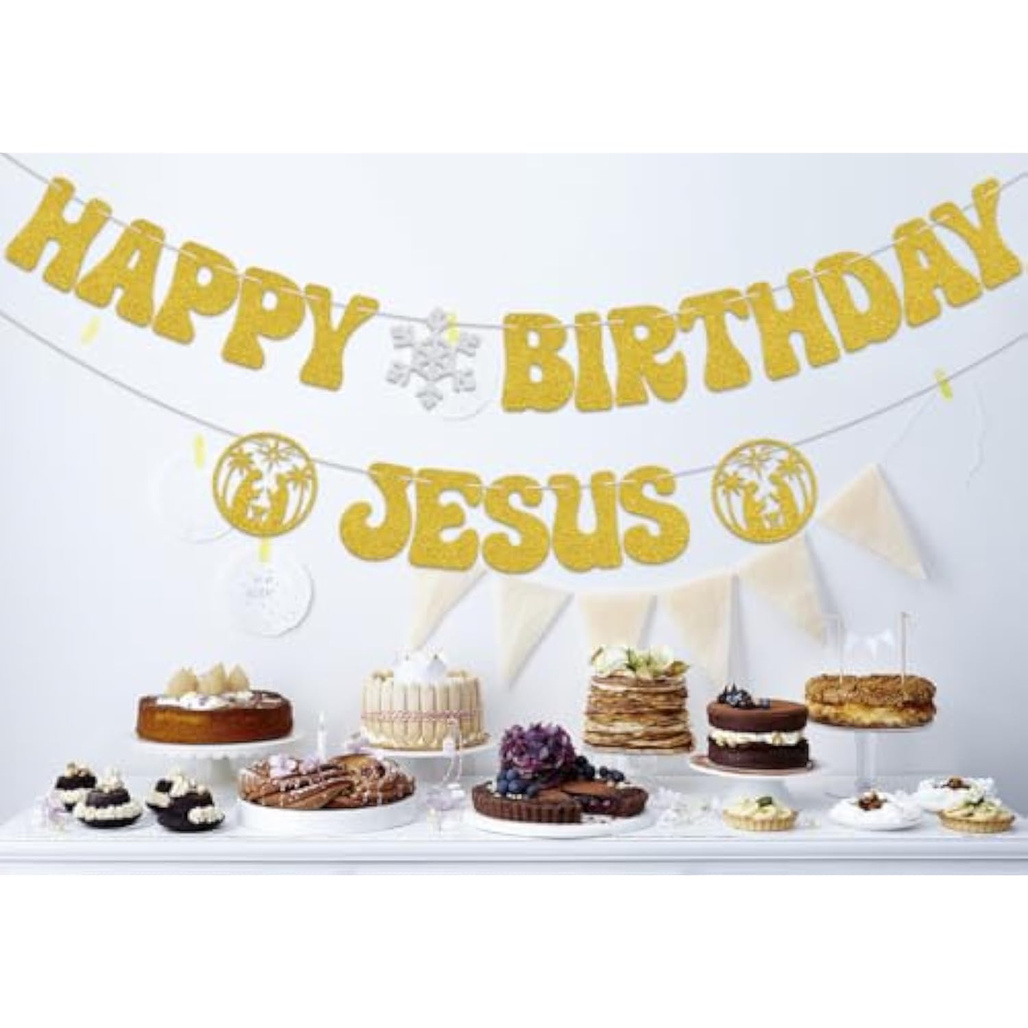 Happy Birthday Jesus Banner,Christmas Jesus Birthday Party Decorations,Merry Birthday Banner,Christmas New Year Holiday Party Decor Glitter Gold