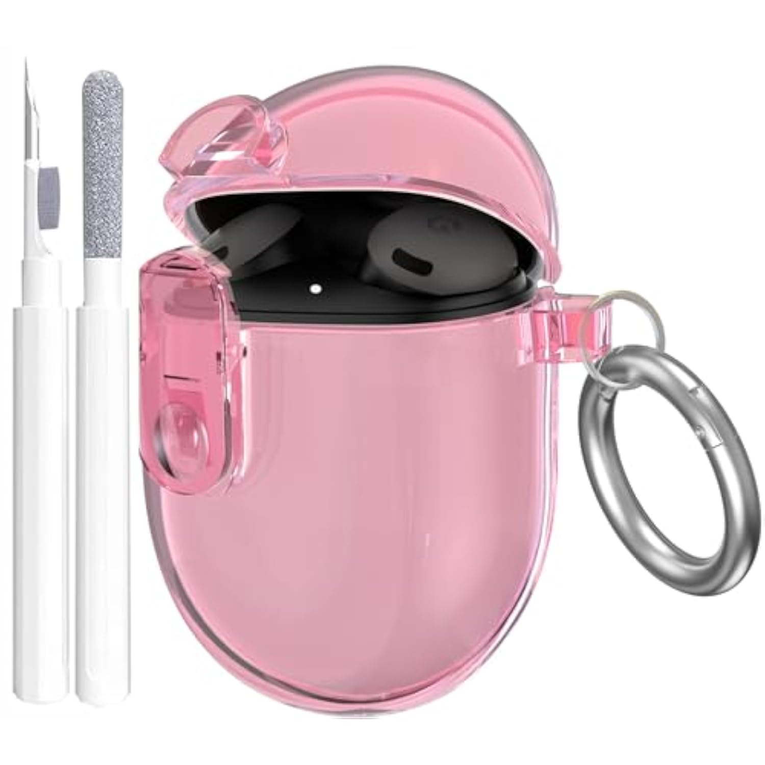 Lock Case For Google Pixel Buds A-Series (2021) / Pixel Buds 2 Clear Case (2020) With Cleaner Kit, Soft Tpu Transparent Protective Cover With Carabiner, Pink