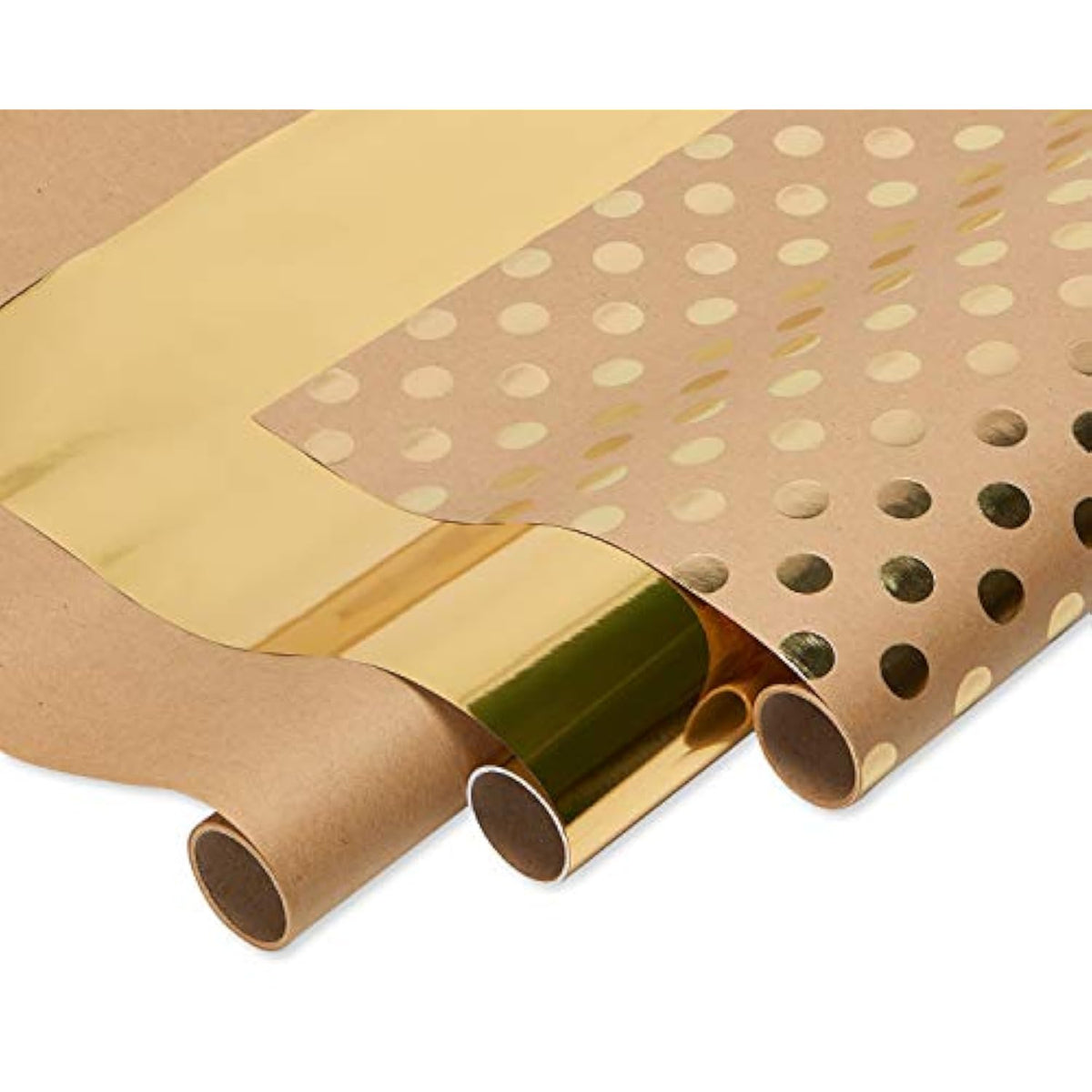 American Greetings Wrapping Paper for Weddings, Birthdays and All Occasions, Kraft and Gold Polka Dots (3 Rolls, 75 sq. ft)