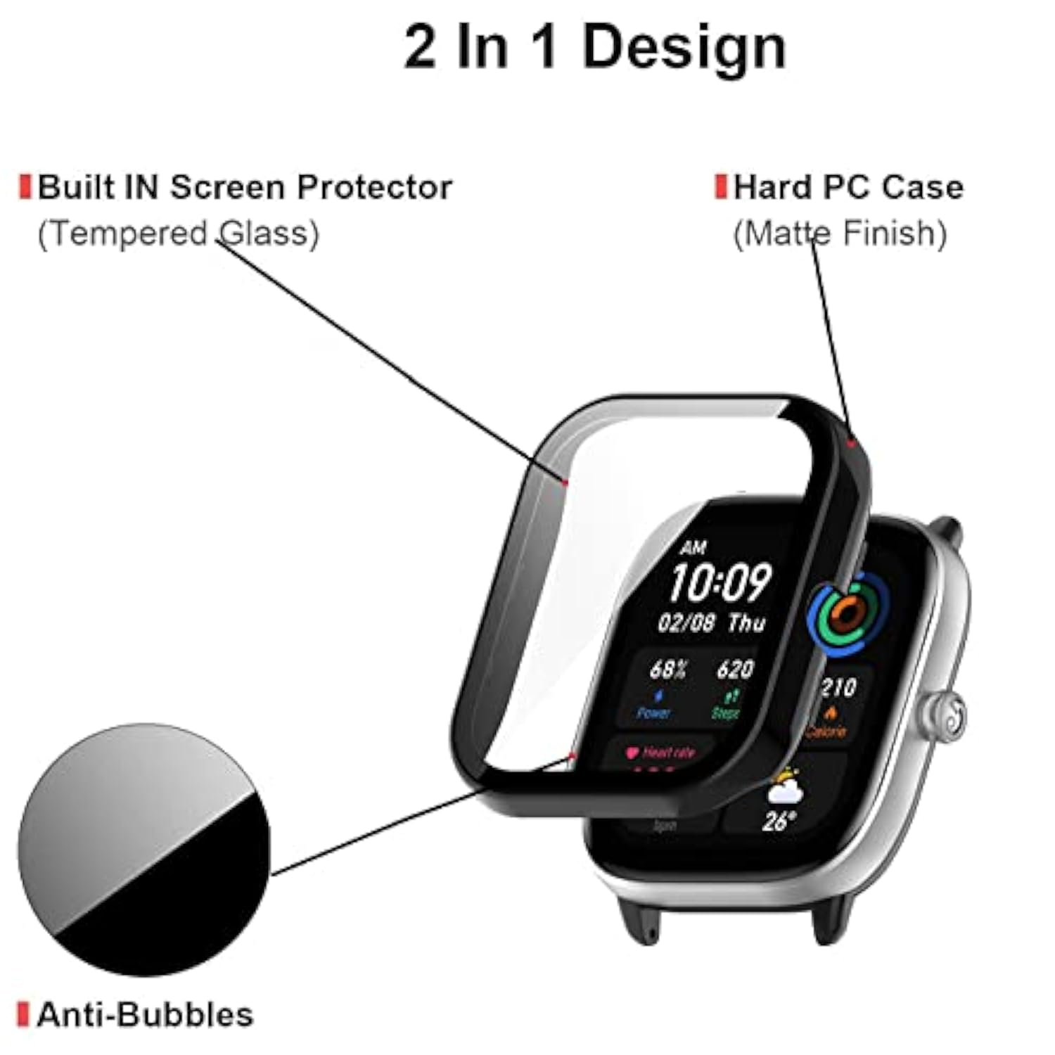 2-Pack Compatible For Amazfit Gts 4 Mini Screen Protector Cover, Tempered Glass Screen + All-Round Pc Matte Protector Case Set For Amazfit Gts 4 Mini For Women Men (Black&Clear)