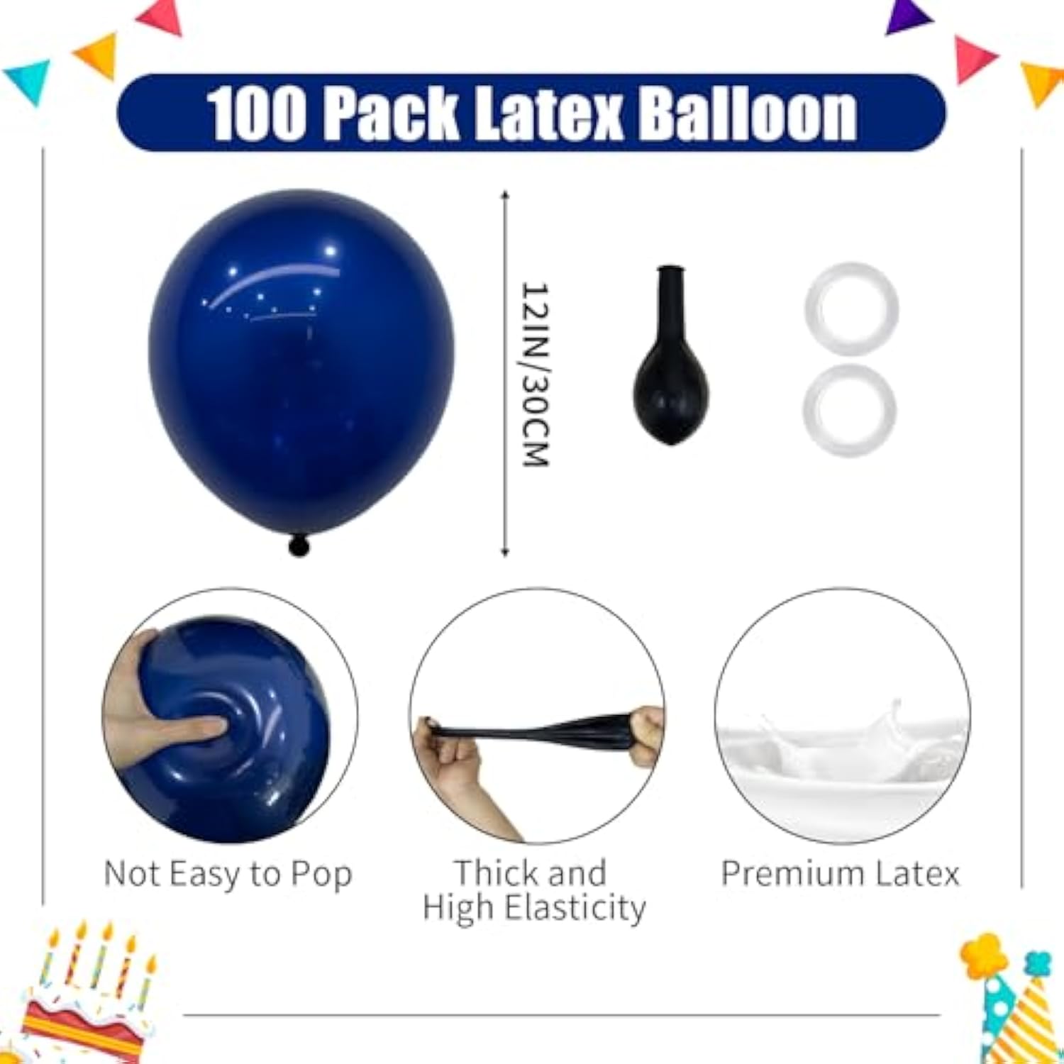 100 Pack 12 Inch Navy Blue Latex Balloons - Round Dark Blue Balloons For Birthday Party, Graduation, Wedding, Anniversary, Baby Shower Decorations