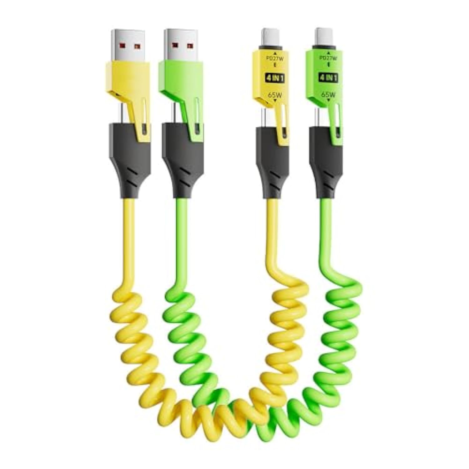 4 In 1 Spring Fast Charging Cable (2Pack), 65W Usb-C Pd Multi Fast Charging, 1.2M/4Ft Coiled Retractable Cable For Iphone Samsung Laptop - Yellow+Green