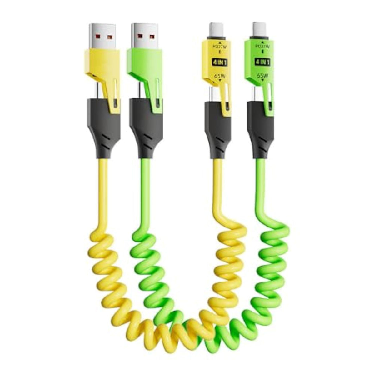 4 In 1 Spring Fast Charging Cable (2Pack), 65W Usb-C Pd Multi Fast Charging, 1.2M/4Ft Coiled Retractable Cable For Iphone Samsung Laptop - Yellow+Green