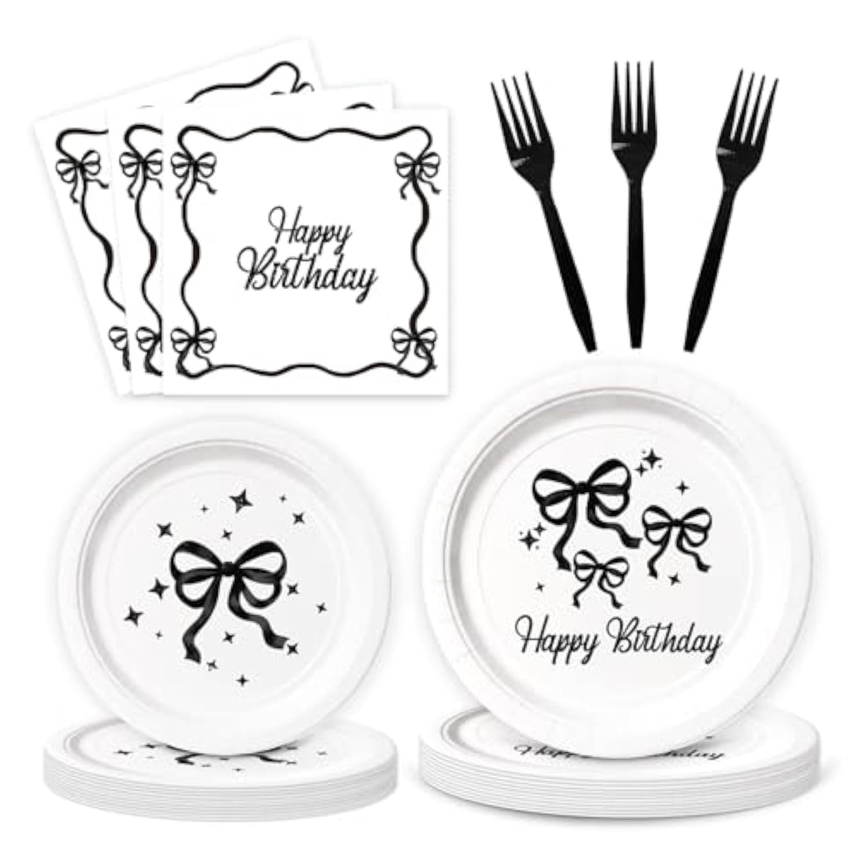 Black Bow Birthday Party Supplies – 96pcs Elegant Tableware Set with Plates, Napkins & Forks