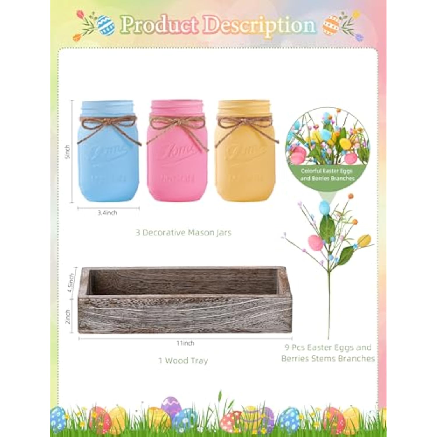 Mason Jar Spring Easter Table Decor, Centerpieces For Tables With Pastel Easter Eggs And Berries, Farmhouse Wood Tray, 22 Pcs Easter Spring Decorations Indoor For Home Office Table