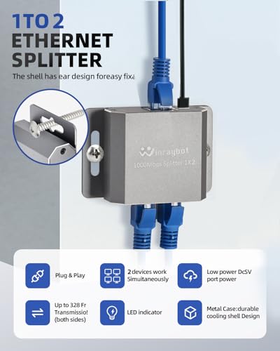 Ethernet Splitter 1 To 2 Ethernet Hub 2 Port,Rj45 Cable Splitter Fixable Rj45 Internet Switch Internet Splitter, 1000Mbps For Cat 5/5E/6/7/8 Cable,Can Be Fixed To The Wall