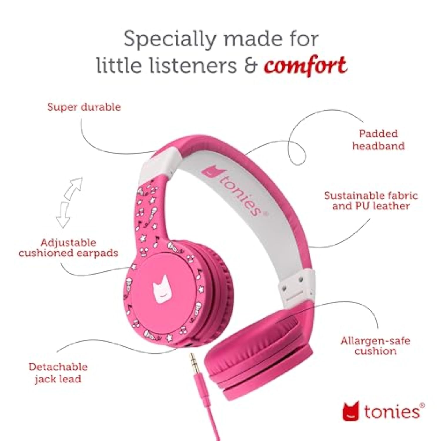 Foldable Wired Headphones For Kids - Comfortably Designed To Fit On-Ear - Works With Toniebox 1 And All 3.5Mm Devices - Pink