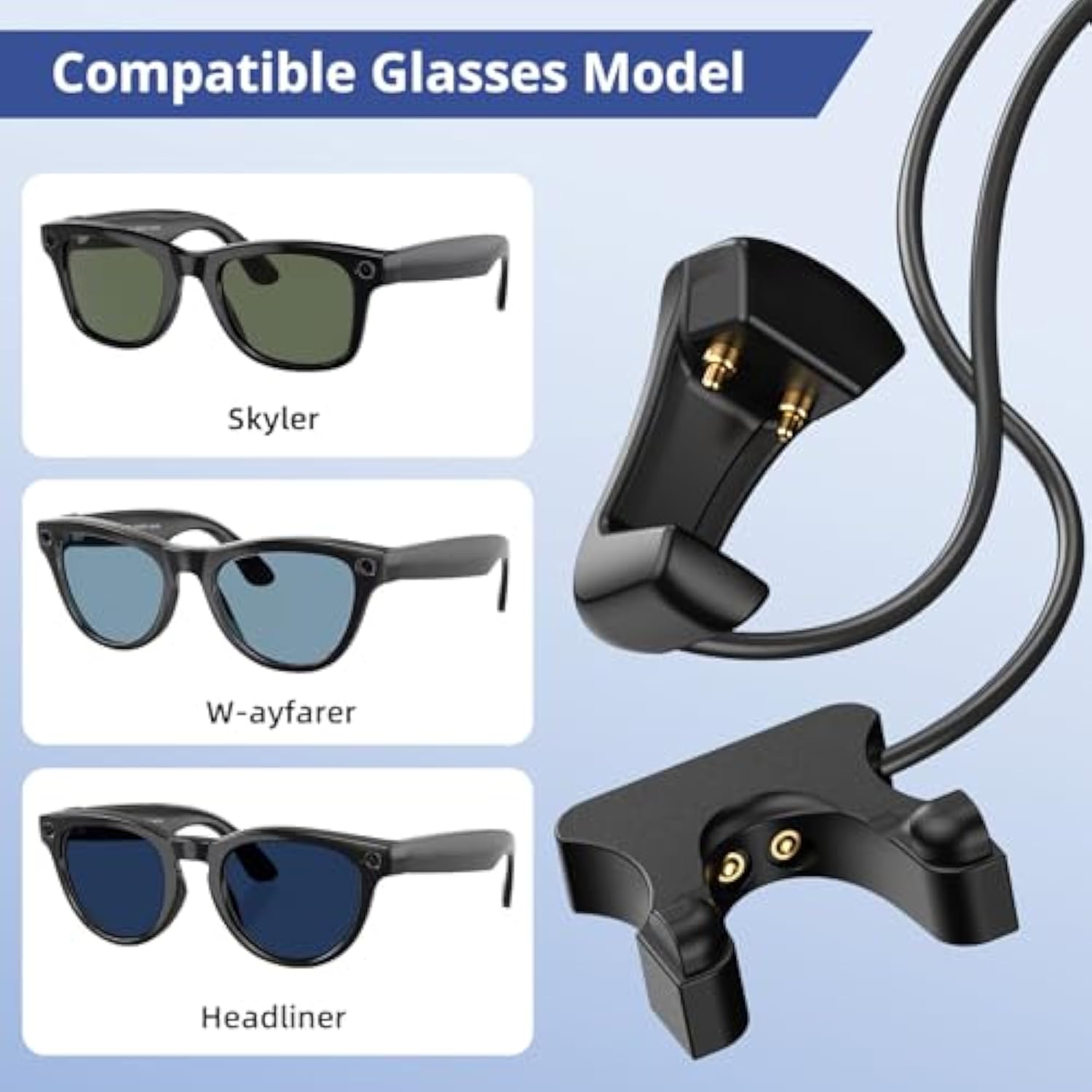 Charging Cable Compatible With Meta Smart Glasses 1.5M/4.92Ft, Portable Charging Cable Works With W-Ayfarer, Skyler And Headliner Smart Glasses, Connects To The Charging Case For Seamless Use.