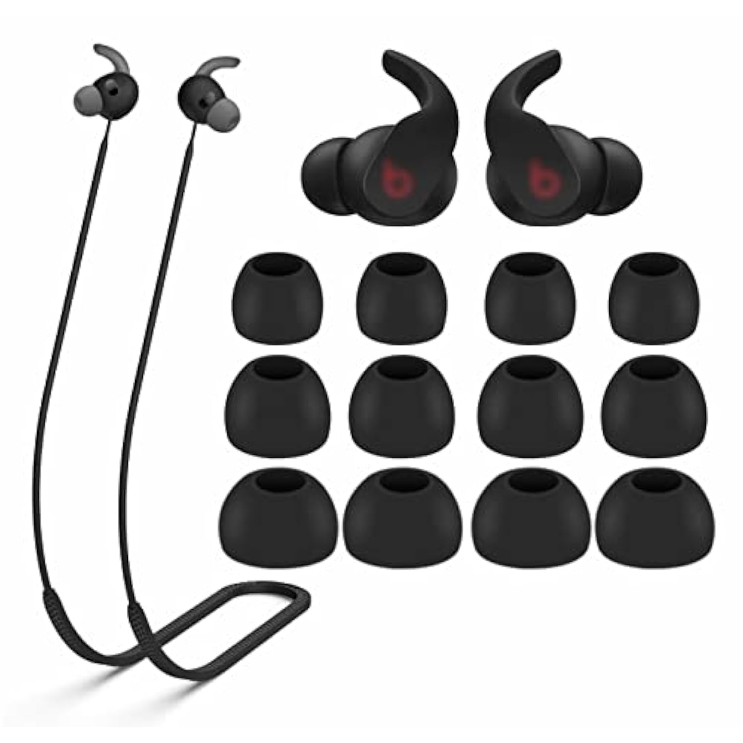 Strap Ear Tips Kit Compatible With Beats Fit Pro, Anti-Lost Soft Silicone Lanyard Neck Rope Cord Lease Replacement Gel Eartips Skin Accessories Compatible With Beats Fit Pro - Black