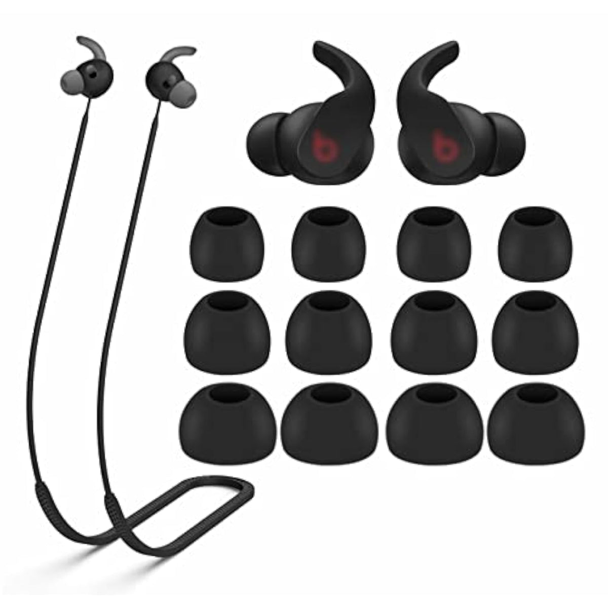 Strap Ear Tips Kit Compatible With Beats Fit Pro, Anti-Lost Soft Silicone Lanyard Neck Rope Cord Lease Replacement Gel Eartips Skin Accessories Compatible With Beats Fit Pro - Black