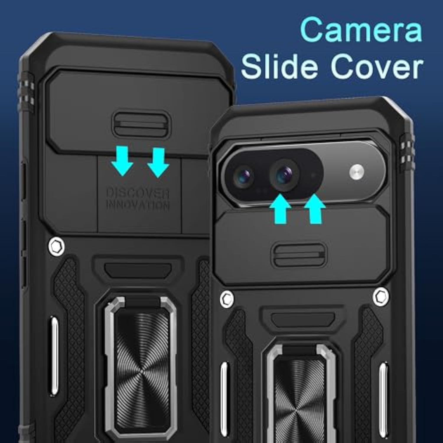 Case For Google Pixel 9/9 Pro With Slide Camera Cover+Screen Protector(1 Pack), Rotated Ring Kickstand Military Grade Shockproof Protective Cover-Black
