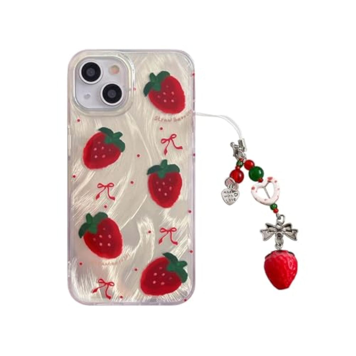 Cute Glitter Strawberry Phone Case With Charm For Iphone 15,Kawaii Red Bow Polka Dot Design Aesthetic Fruit Summer Phone Girly Women?Never Fade ?1.5Mm Raised Edges Protect(With Charm,6.1”)