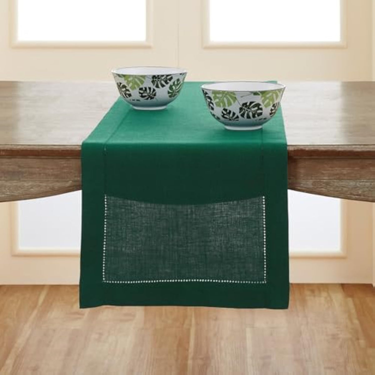 Linen Rainforest Green Hemstitch Table Runner 60 Inches - 100% Pure Linen Small Table Runner 14 X 60 Inch Ideal For Dresser And Coffee Tables - Classic Hemstitch - Christmas, Thanksgiving