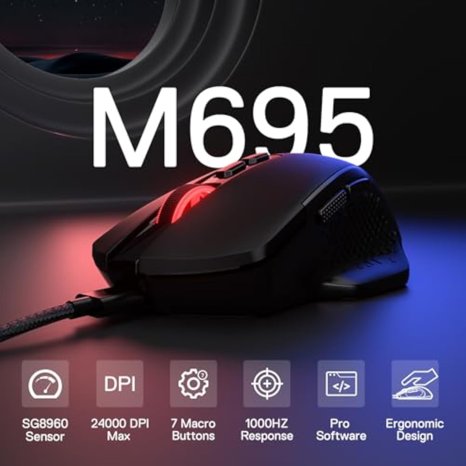 Redragon M695 Wired Gaming Mouse, 24,000 Max DPI Optical Gaming Mice with 7 Programmable Buttons, Ergonomic Natural Grip Build, Software Supports DIY Keybinds & DPI, Black