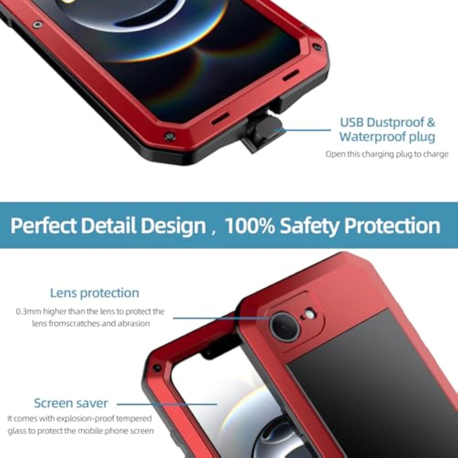 Heavy Duty Shockproof Aluminum Alloy Tough Armour Military Grade Phone Case for iPhone 17E, Full Body Protective Cover with Silicone Built-in Screen Protector, Red