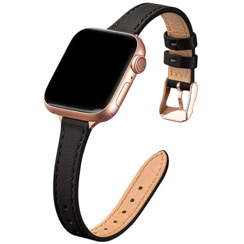 Slim Leather Bands Compatible with Apple Watch Band 38mm 40mm 41mm 42mm(Series 11 10), Top Grain Leather Watch Thin Wristband for iWatch SE 9 8 7 6 5