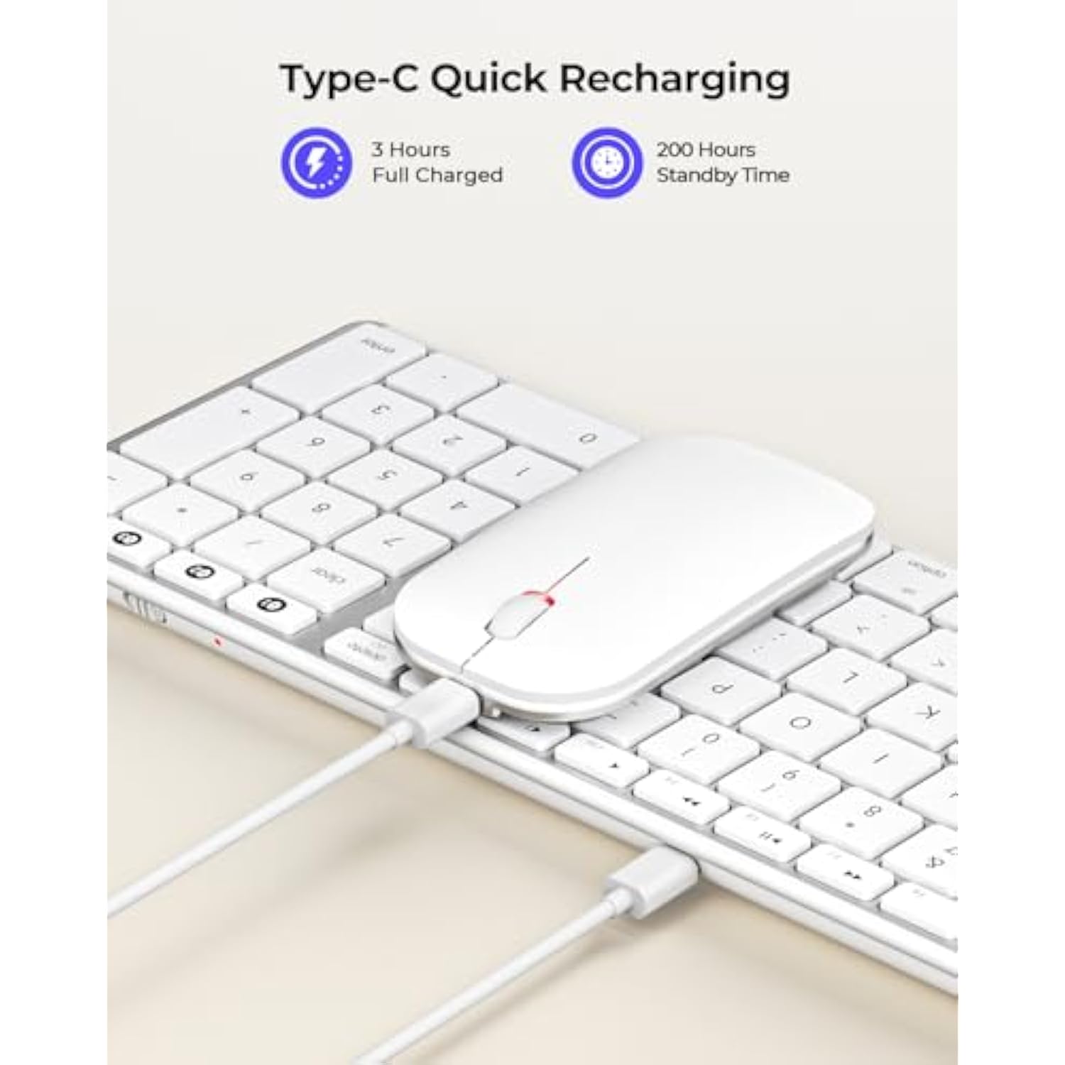 seenda Bluetooth Keyboard and Mouse for Mac, SKM64-2 Multi-Device Rechargeable Slim Wireless Keyboard Mouse Stainless Steel Full Size, Compatible with MacBook Pro/Air, iPad, Mac - White Silver